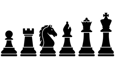 Chess Pieces Black Silhouette Vector Set King Queen Bishop Knight Rook Pawn Game Icons Collection . © DobirUddin