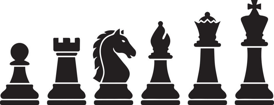 Chess Pieces Black Silhouette Vector Set King Queen Bishop Knight Rook Pawn Game Icons .