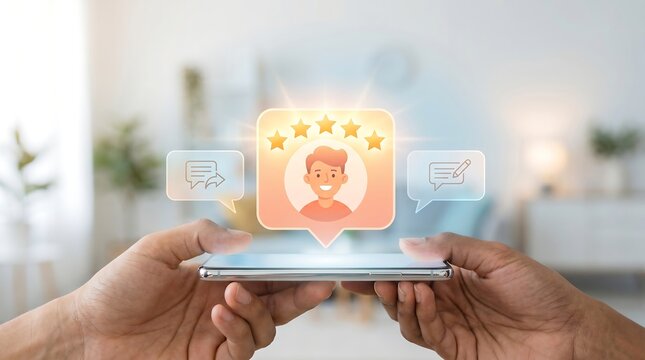 Customer hands holding smartphone displaying positive customer experience with 5-star rating and satisfaction icons social media opinion poll feedback form