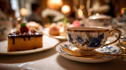Fototapeta premium Fine porcelain teacup and saucer with golden details at an afternoon tea table, serving sweet cake and desserts