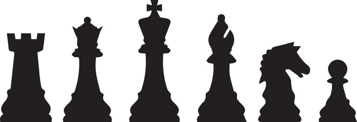 Chess Pieces Black Silhouette Vector Set King Queen Bishop Knight Rook Pawn Game Icons . © DobirUddin
