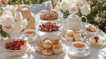 Fototapeta premium Afternoon tea setting with scones, fresh berries, croissants, and teacups arranged on a table in a blooming garden
