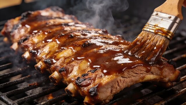 Delicious barbecue ribs cooking on a grill with a brush applying savory sauce and smoke rising.