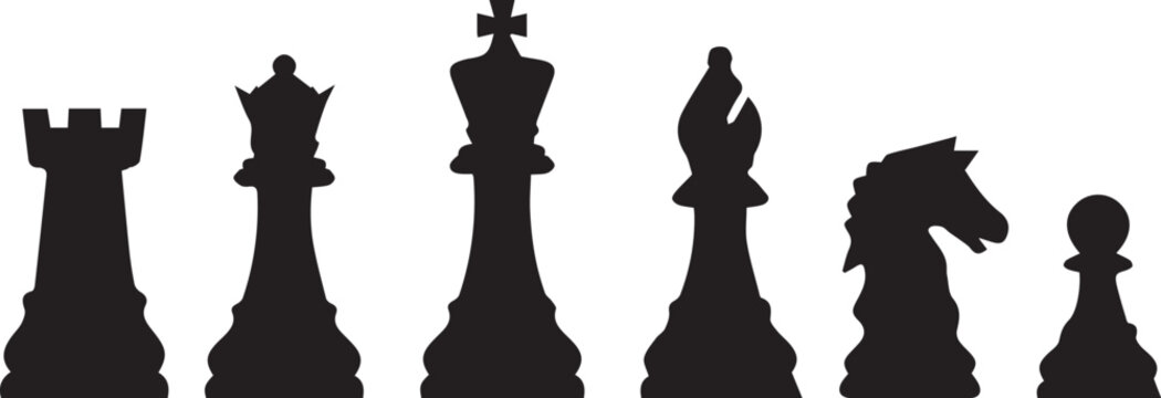 Chess Pieces Black Silhouette Vector Set King Queen Bishop Knight Rook Pawn Game Icons .