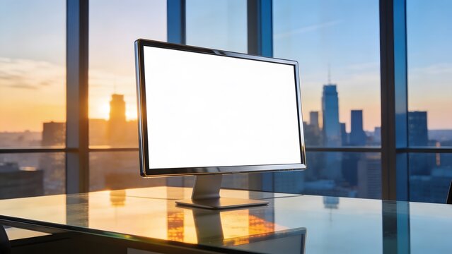 Blank computer monitor on a glass desk in a modern office with a city sunset view.