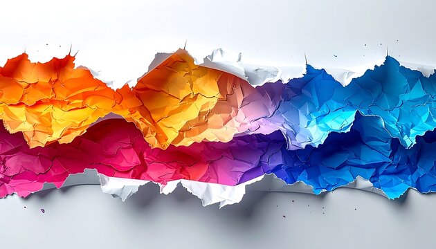 Torn paper reveals vibrant colorful geometric low poly spectrum, abstract background with copy space