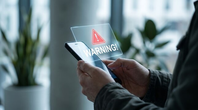 Person's hands holding a smartphone with a holographic warning message and alert icon projected from the screen mobile phone danger sign caution sign smartphone