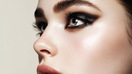 Fototapeta premium Woman wearing dramatic smoky eye makeup, showcasing beauty, fashion cosmetics, and professional evening style