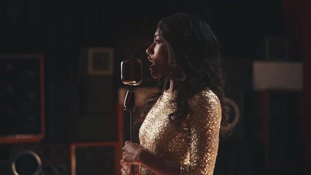 African American woman singer suffering sore throat while rehearsing for concert