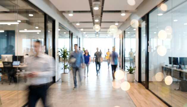 A modern office corridor bustling with people. Blurred motion creates a dynamic atmosphere, with glass walls and contemporary decor highlighting a collaborative work environment.