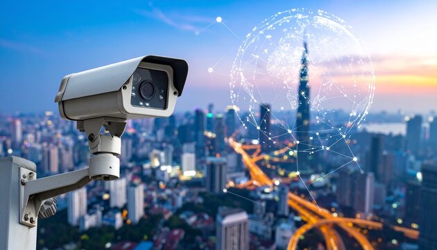 Modern surveillance camera facing cityscape with digital network overlay, symbolizing smart cities, AI monitoring, and urban connectivity.