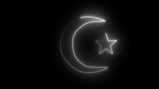 Eid Mobarak neon crescent moon and lanterns islamic holi day.Ramadan 4k video Kareem  greeting with neon crescent.