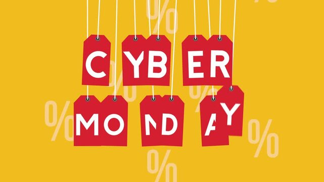 Cyber monday sale motion graphics animation with red price tags hanging on strings over yellow background.
