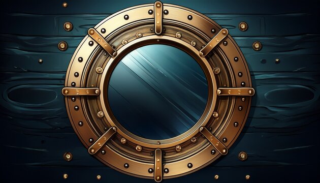 round brass porthole frame with rivets and latches ships window made of metal nautical round object maritime design element circular opening with shiny metallic finish