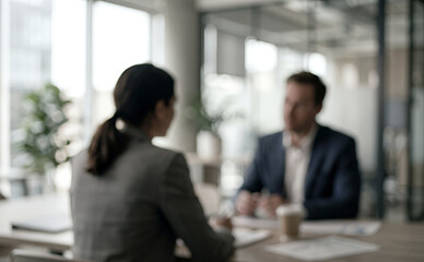 Fototapeta premium A professional meeting scene showing two individuals engaged in a discussion in a modern office setting with soft focus for depth.