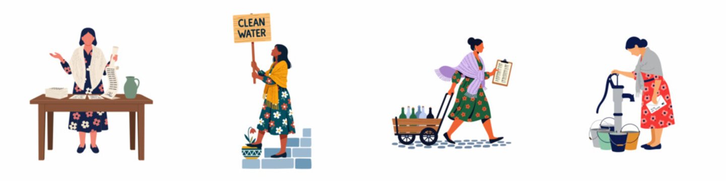 Vector illustration of diverse women participating in clean water activism, resource management, collection from pumps, and administrative record-keeping.