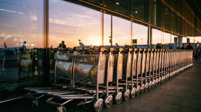A row of luggage carts lined up outside an airport terminal with airplanes visible through the glass at sunset.