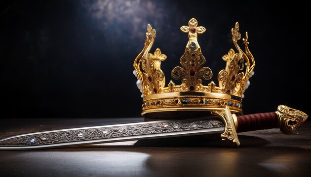 golden crown rests beside ornate sword on dark surface royal regalia symbolizes power authority and potential conflict represents monarchy leadership and succession