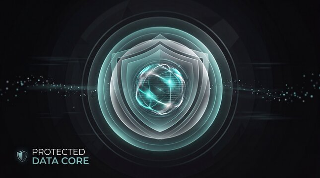 Protected data core, secure server shield, cybersecurity concept, blue and silver tech background
