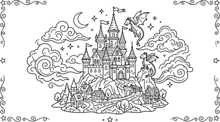 Obraz premium Medieval fortress landscape with flying dragons and crescent moon coloring page style.