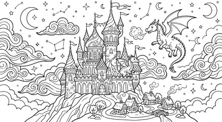 Obraz premium Magical Fairytale Castle with Flying Dragon Vector Illustration, Fantasy Kingdom Coloring Page for Kids