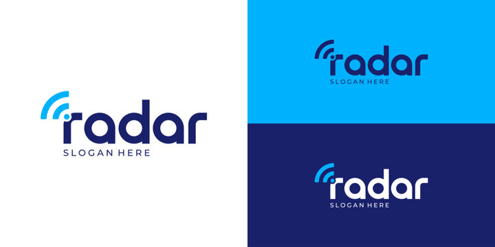 Creative word mark radar logo template. Simple text radar with wifi signal symbol logo design vector illustration.