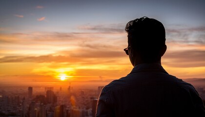 Fototapeta premium silhouette of a person watching sunrise over a cityscape