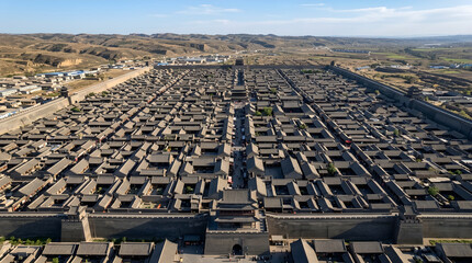 Fototapeta premium Aerial View of Ancient Chinese City with Traditional Architecture and Vast Landscape.
