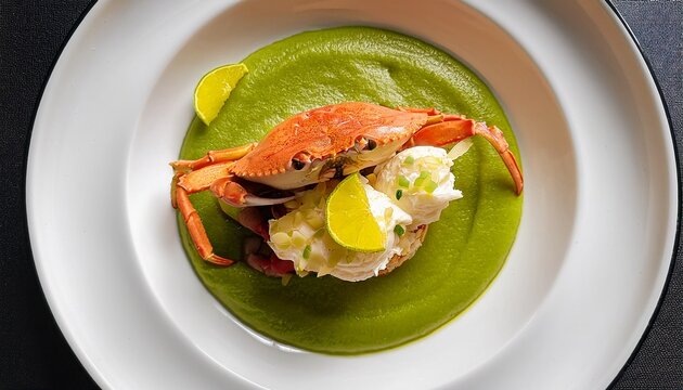 delicate crab meat paired with green apple brunoise wasabi cream and citrus gel fresh sharp and precise