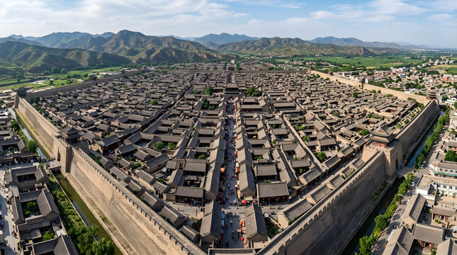 Aerial view of Pingyao Ancient City, a UNESCO World Heritage site in Shanxi, China, showcasing traditional architecture and city walls.
