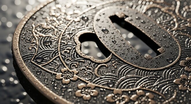 Intricately designed coin with water droplets on its surface showcasing detailed patterns and textures