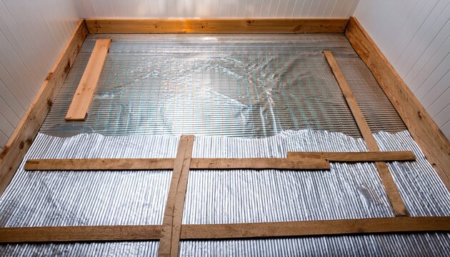 new white plastic liner covers crawl space floor and walls wood joists and beams visible above home improvement protects against moisture and pests
