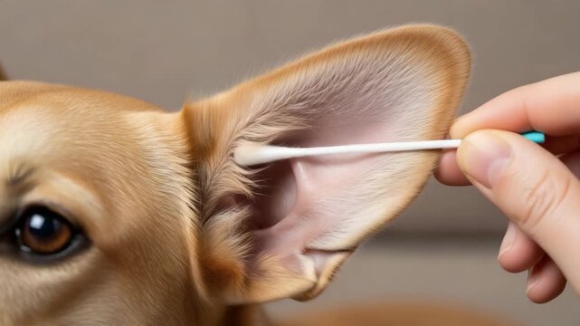 Dog having its ear cleaned with cotton swab by a person  