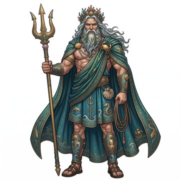 Greek god Oceanus with a trident and coral crown wearing teal robes on a white background