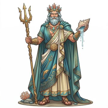 Greek god Poseidon holding a golden trident and conch shell on a white background