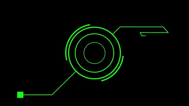 Graphic user interface element features a vibrant green circular radar scanner design that rotates on a plain black background providing a futuristic digital aesthetic for modern communication.