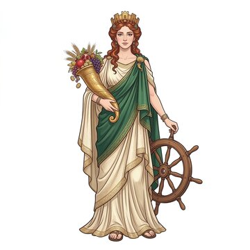Regal illustration of the Greek goddess Tyche holding a cornucopia and standing beside a wooden ship wheel