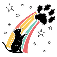 Black cat silhouette reaching for colorful rainbow. © Min