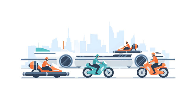 Futuristic urban transport with electric scooters, motorcycles, and hovercrafts in a modern city skyline