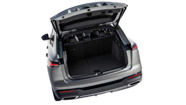 Isolated rear view of a modern grey SUV with open tailgate revealing spacious trunk
