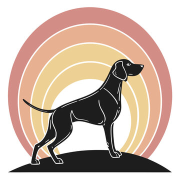 Standing pointer dog silhouette sunset design art.