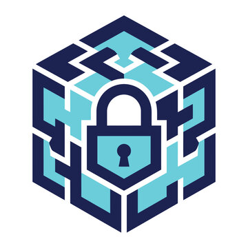 Digital secure cube logo with isometric padlock and geometric lines