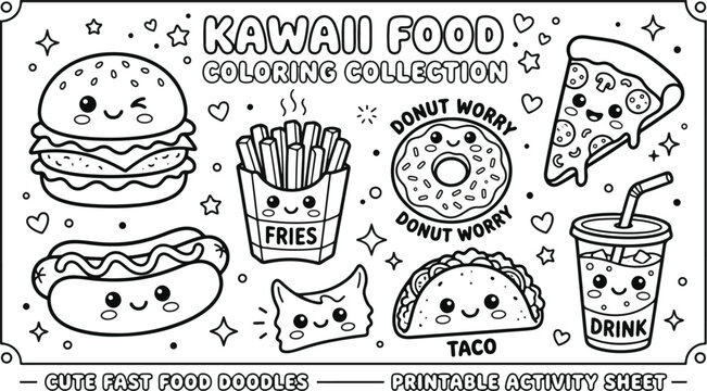 Printable fast food activity sheet with cute characters and donut worry quote.