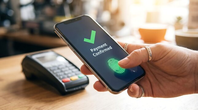 Close-up of hand making a successful mobile payment transaction with smartphone and fingerprint authentication at a point of sale terminal e commerce smartphone