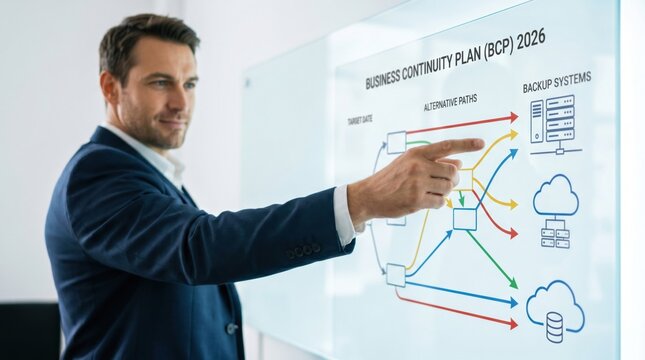 A businessman explains a detailed business continuity plan on a whiteboard, highlighting workflow processes, backup systems, and alternative paths for 2026.