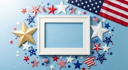 Obraz premium Fourth of july patriotic decor with empty frame and american flag