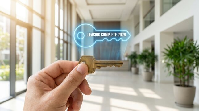 A hand holds a key with a holographic message "Leasing Complete 2026" inside a bright, modern office space.