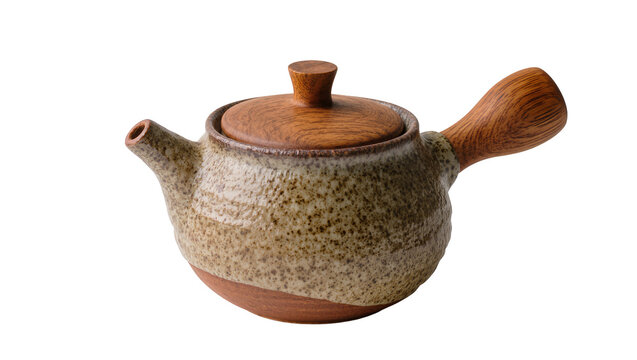 Isolated handcrafted ceramic teapot with wooden lid and handle, rustic earthy speckled glaze