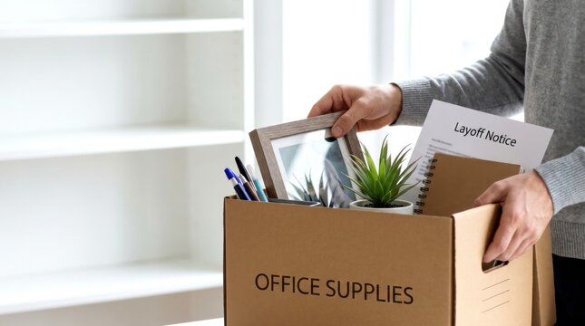 A person carrying a box labeled "Office Supplies" with personal items and a layoff notice, depicting job loss or office clearance.