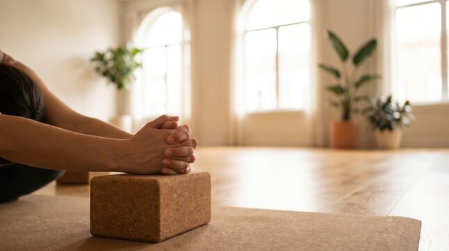 A person stretches hands over a cork yoga block in a bright, airy studio with large windows and potted plants.